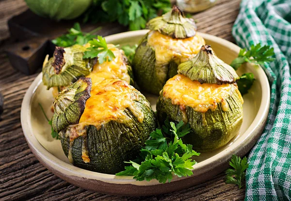 Zucchini Stuffed Minced Meat Cheese Green Herbs Baked Oven Top — Stock Photo, Image