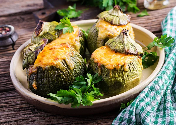 Zucchini Stuffed Minced Meat Cheese Green Herbs Baked Oven Top — Stock Photo, Image