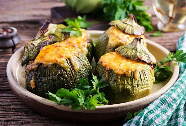 Zucchini Stuffed Minced Meat Cheese Green Herbs Baked Oven Top — Stock Photo, Image