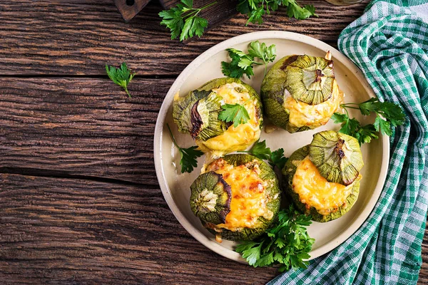 Zucchini Stuffed Minced Meat Cheese Green Herbs Baked Oven Top — Stock Photo, Image