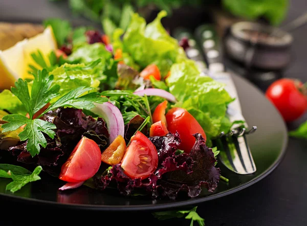 Koyu Arka Planda Sebze Salatası Closeup Vegan Gıda — Stok fotoğraf