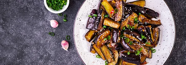 Melanzane Speziate Calde Stile Coreano Con Cipolla Verde Melanzane Saltate — Foto Stock