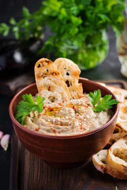 Baba ghanoush vegan humus patlıcandan baharat, maydanoz ve tost. Baba ganoush. Orta Doğu mutfağı.