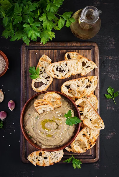Baba Ghanoush Hummus Vegan Din Vinete Condimente Pătrunjel Pâine Prăjită — Fotografie, imagine de stoc