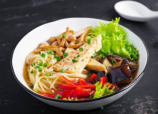 Asian Vegan Noodles Soup Tofu Cheese Shimeji Mushrooms Fried Eggplant — Stock Photo, Image