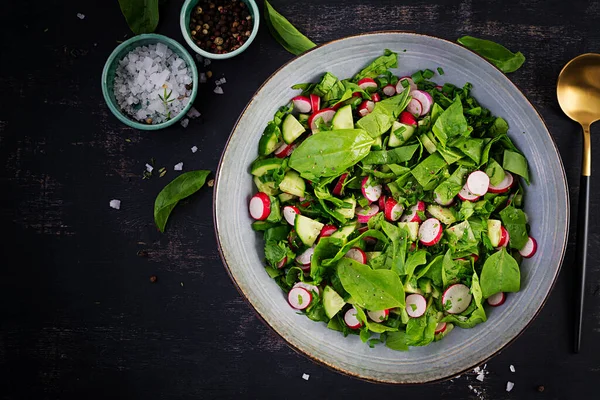 Vegetáriánus Zöldség Saláta Retekkel Uborkával Spenóttal Egészséges Vegán Kaja Felülnézet — Stock Fotó