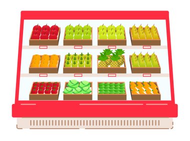 Bir bakkal iç. Vitrinler ve soğutucu cihaz süpermarket mal ile.