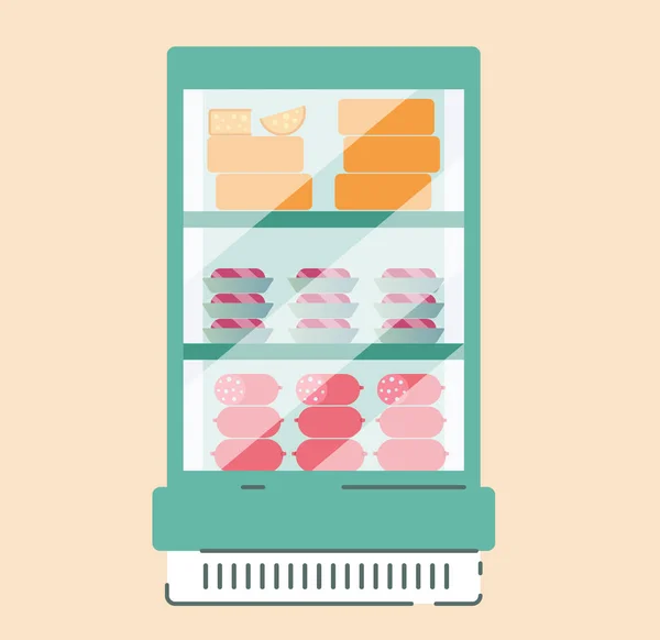 Innenraum eines Lebensmittelgeschäfts. Vitrinen und Kühlgeräte mit Waren im Supermarkt. — Stockvektor