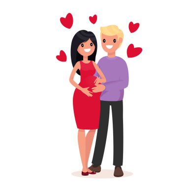 Mutlu bir aile bir çocuğun doğumu için bekliyor. Bir adam hamile bir kadına sarılma. 