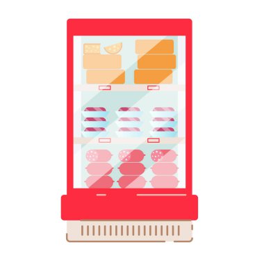 Bir bakkal iç. Vitrinler ve soğutucu cihaz süpermarket mal ile.