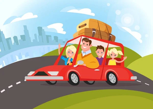 Reizen met de auto en gelukkige familie. — Stockvector