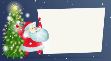 Dekore edilmiş bir Noel ağacı ve neşeli Noel Baba Noel kartı. 