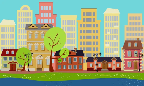 Ilustração vetorial em estilo cartoon. Vistas da cidade — Vetor de Stock