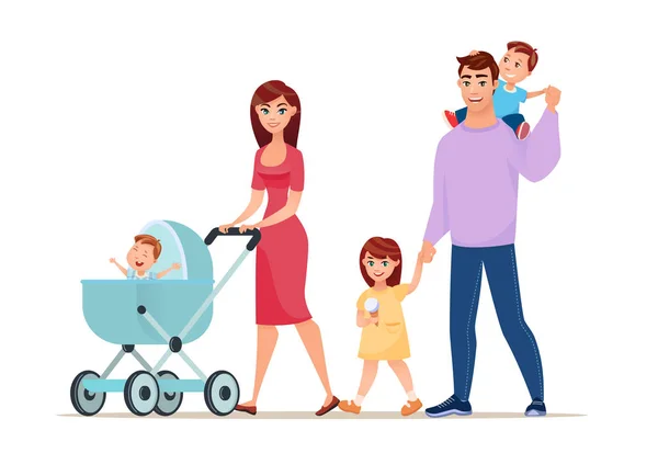 Mutlu aile yürüyüş. Karikatür tarzı vektör çizim.