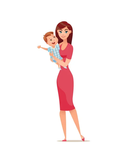 Молодая счастливая мать в красном платье держит своего ребенка на руках . — стоковый вектор
