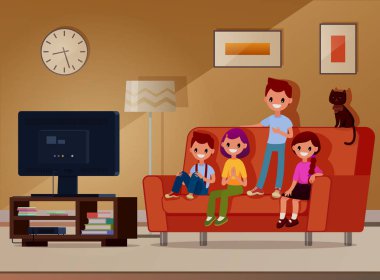 Çocuklar kanepede oturup tv izlerim. Vektör çizim. Stil düzdür. Karikatür tarzı.