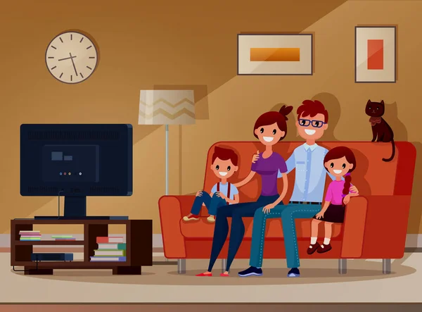 Aile, çocuklar ve ebeveynler Tv. vektör izliyor. Resimde. Düz stil. Karikatür tarzı