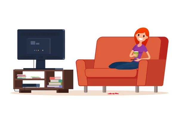 Jovem mulher feliz está assistindo TV. Ilustração vetorial. Estilo plano. Estilo dos desenhos animados — Vetor de Stock