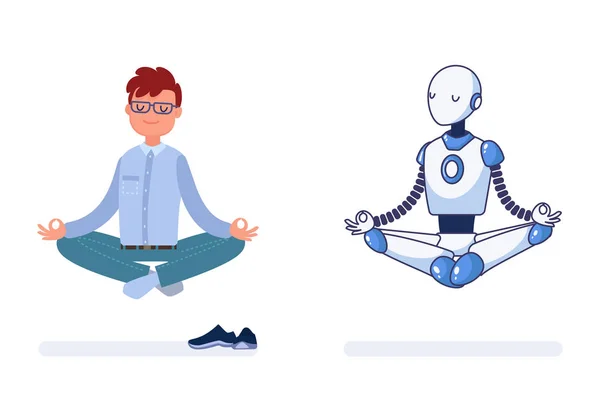 insan ve robot birlikte yoga yapmak.
