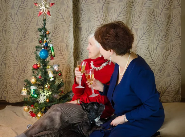 Family moments at Christmas time. old woman smile. grandmother and her daughter are sitting near Christmas tree. spirit of New Year. Clink glasses with champagne. background is a rich interior
