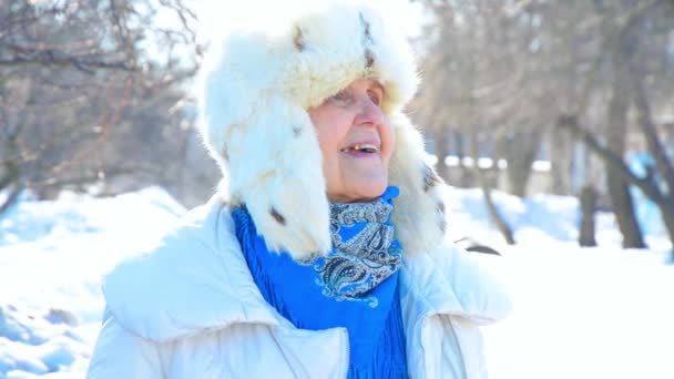 Porträt einer glücklichen, lächelnden Großmutter. Blick in die Kamera. kaukasische Seniorin im kalten Winter. Modedame draußen. Oma mit blauen Augen in Fellmütze. Fröhliche, lustige Senioren genießen Schnee