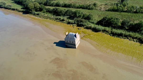 Aerial photo of the house flooded in the Loire river, Coueron