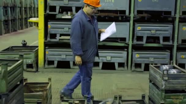 机器制造厂存储车间的工人 — 图库视频影像