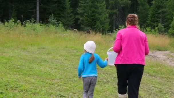 Vrouw met klein meisje wandelen in bos — Stockvideo