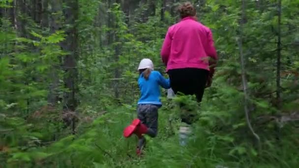 Küçük kızı olan bir kadın ormanda yürüyor. — Stok video