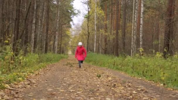 Маленькая девочка бегает в осеннем парке — стоковое видео