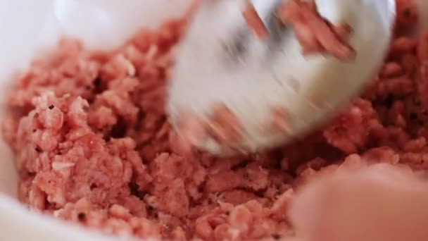 用勺子搅拌填饱了的调味肉 — 图库视频影像