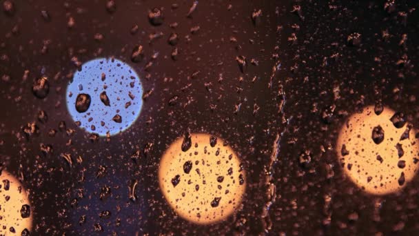 Gece yağmuru sırasında pencereye yağmur damlaları — Stok video