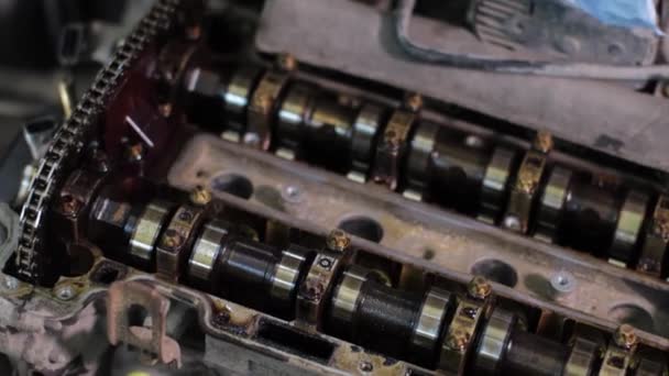 Crankshaft in car engine closeup — Stock Video