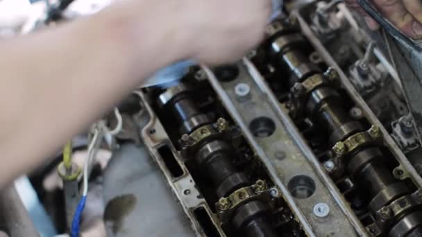 Automóvil mecánico de limpieza del motor del coche — Vídeo de stock