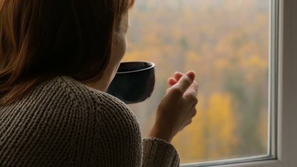 Vrouw die thee drinkt bij het raam — Stockvideo