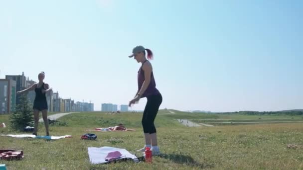 Groupe de femmes faisant des exercices de conditionnement physique à l'extérieur — Video