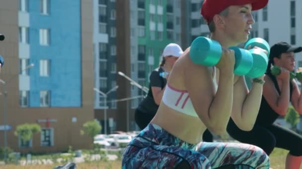 Grupo de mulheres fazendo exercícios de fitness ao ar livre — Vídeo de Stock