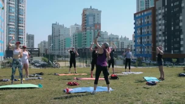 Группа женщин, занимающихся фитнесом на открытом воздухе — стоковое видео