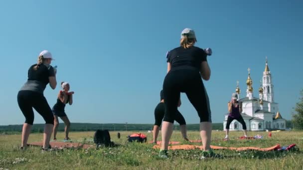 Grupo de mujeres haciendo ejercicios de fitness al aire libre — Vídeo de stock