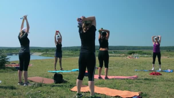 Група жінок, які роблять фізичні вправи на відкритому повітрі — стокове відео