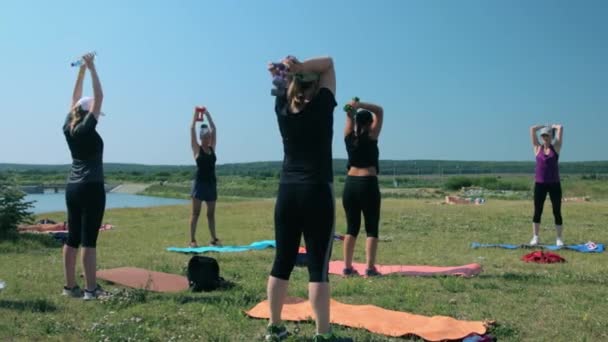 Groep vrouwen doet fitness oefeningen buiten — Stockvideo