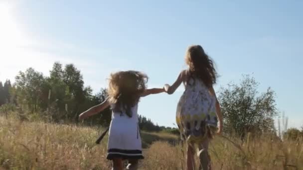 Dwie małe dziewczynki biegające po wiejskich drogach — Wideo stockowe