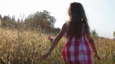 Küçük kız yaz tarlasında yürüyor