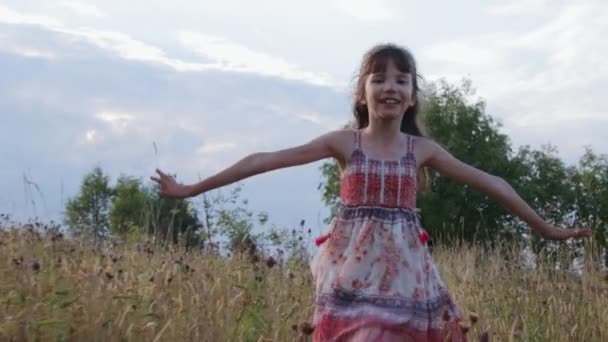 Meisje loopt door het zomerveld — Stockvideo