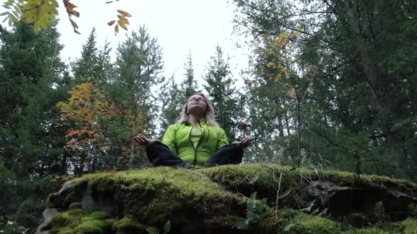 Donna che medita su una roccia nella foresta — Video Stock