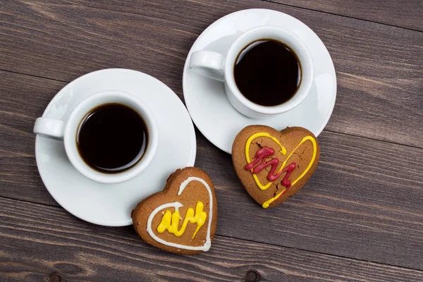 Two Cups Coffee Cookies Shape Heart Wooden Table Valentine Day — Stock Photo, Image