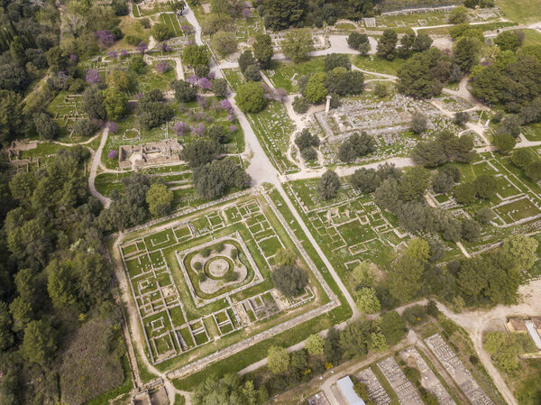 Aerial view of Ancient Olympia, a sanctuary in Elis on the Peloponnese peninsula