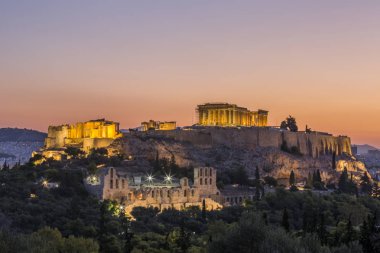 Acropolis Muses tepeden görülen Atina, gündoğumu,