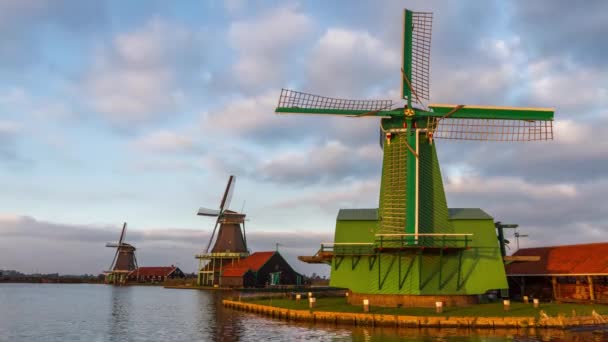 İyi korunmuş tarihi yel değirmenleri Zaanse Schans'a Zaandam yakınındaki zaman atlamalı — Stok video