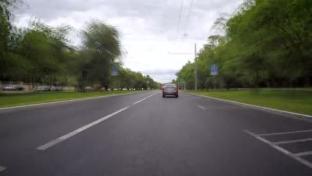 Βόλτες Αυτοκίνητο Στην Πόλη Οδός Οποία Τρέχει Μέσα Από Πάρκο — Αρχείο Βίντεο